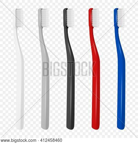Vector 3d Realistic Plastic Blank Toothbrush Icon Set Isolated On Transparent Background. Design Tem