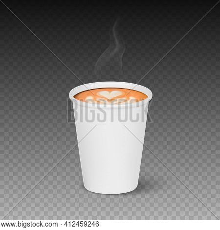Vector 3d Realistic Paper White Disposable Cup Isolated With Hot Milk Coffee Foam. Steam, Smoke. Lat