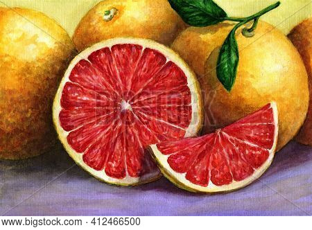 Oranges And Slices. Still Life In Watercolor. Handwork.