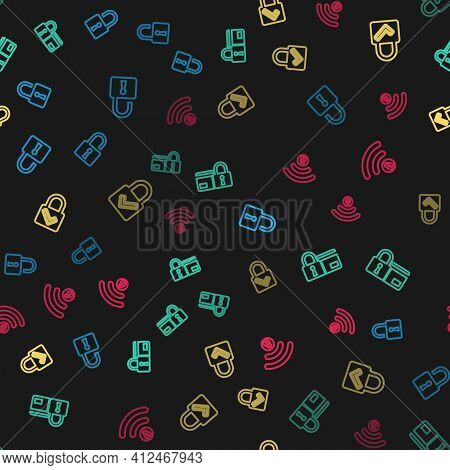 Set Line Open Padlock, Credit Card With, Lock And Check Mark And Wifi Locked On Seamless Pattern. Ve