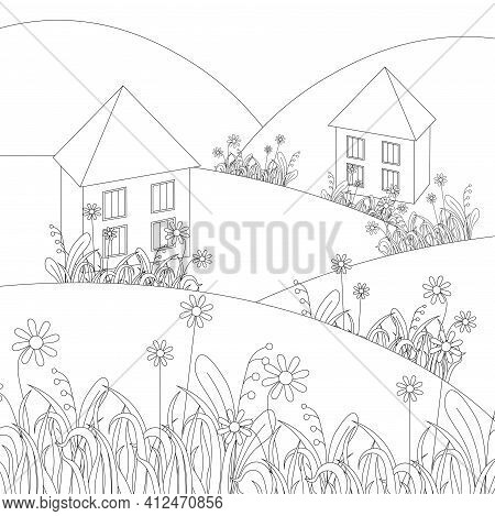 Hill With Grass Monochrome Banner. Flower Leaves Art Nature Design Element Stock Vector Illustration