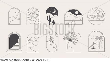 Bohemian Linear Logos, Icons And Symbols, Landscape, Arcs And Windows Design Templates, Geometric Ab
