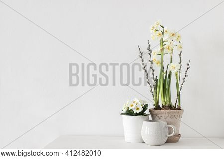 Easter Floral Composition. Spring Still Life. Cup Of Coffee, Potted Primrose, Pussy Willow Branches.