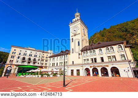 Rosa Khutor, Russia - October 06, 2020: Town Hall In The Centre Of Roza Khutor, An Alpine Ski Resort