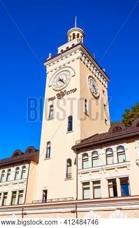 Rosa Khutor, Russia - October 06, 2020: Town Hall In The Centre Of Roza Khutor, An Alpine Ski Resort