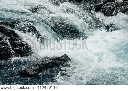 Big Rapids Of Powerful Mountain River. Beautiful Background With Azure Water In Fast River. Frozen M