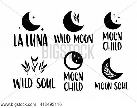Moon Inspirational Lettering Quote Set. Boho Poster. Vector Floral Moon For Logo, Card, Magic, Print
