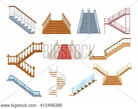 Wooden And Metal Staircase With Handrails Set. Wooden Staircases Covered With Red Carpet, Spiral Sta