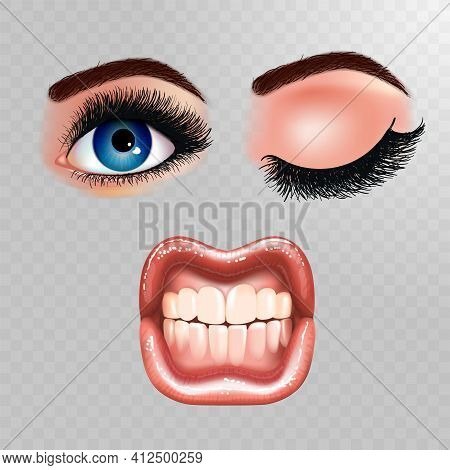 Set Of Beautiful Female Eyes With Extended Eyelashes And Shining Mouth With Glossy Lips. Grinning Te
