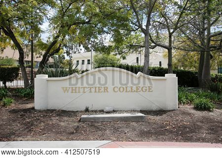 March 12, 2021 - Whittier, California: Whittier College. Whittier College Location Placard. A large cement placard with the words Whittier College at one corner of the school.  Editorial Use Only. 