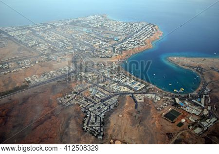 View from the airplane window of the mountains and sea resort of Egypt, Sharm El Sheikh.Flight from Kiev