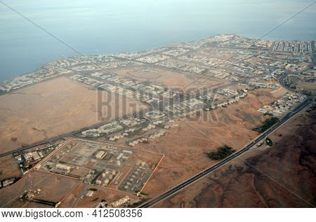 View from the airplane window of the mountains and sea resort of Egypt, Sharm El Sheikh.Flight from Kiev