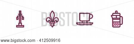 Set Line Street Light, Coffee Cup, Fleur De Lys And French Press Icon. Vector