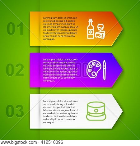 Set Line Wine Bottle With Cheese, Paint Brush Palette, Kepi And Macaron Cookie. Business Infographic