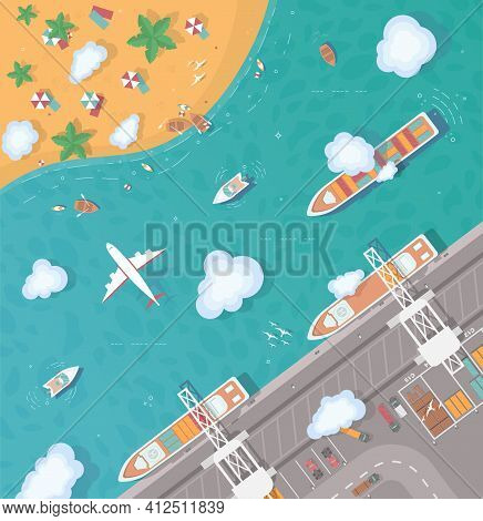 Illustration Of An Island In The Middle Of The Ocean. Cargo Port In Flat Style. Top View. Container 