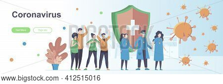 Coronavirus Landing Page With People Characters. Covid-19 Infection Prevention And Control Web Banne