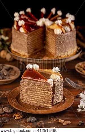 Piece Of Layered Chocolate Cake. Dobosh Hungarian Cake.