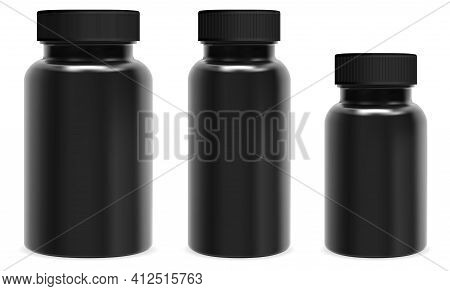 Black Capsule Bottle. Pill Jar Mockup, Medicine Container Plastic Package. Supplement Bottle Blank D
