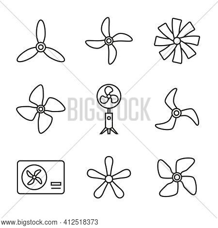Vector Set Of Icons Of Fans, Propellers, Rotating Blades, Ventilator. Linear Style, Editable Stroke.
