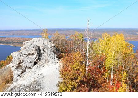 Calm fall season. Beautiful aerial view with Strelnaya mount and Volga river, Samarskaya Luka reserve, Zhiguli mountains, Russia