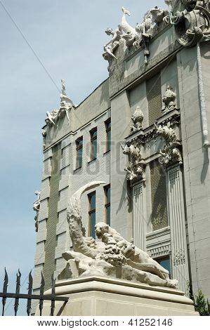 Closeup Of House With Chimeras, Famous Architectural Landmark Of Kiev, Ukraine