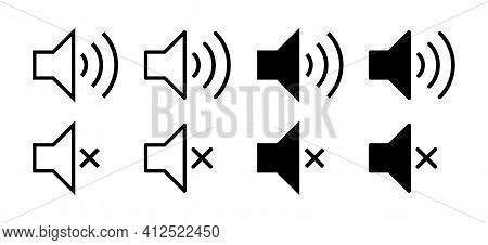 Speaker Audio Icon Set. Volume Voice Control On Off Mute Symbol. Flat Application Interface Sound Si