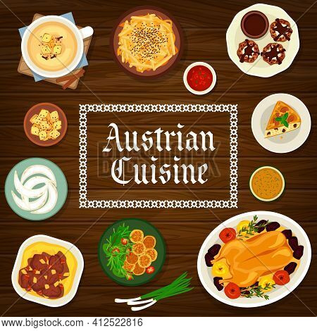 Austrian Cuisine Vector Almond Pie, Baked Goose With Apples, Crescent Cookies And Potato Cheese Dump