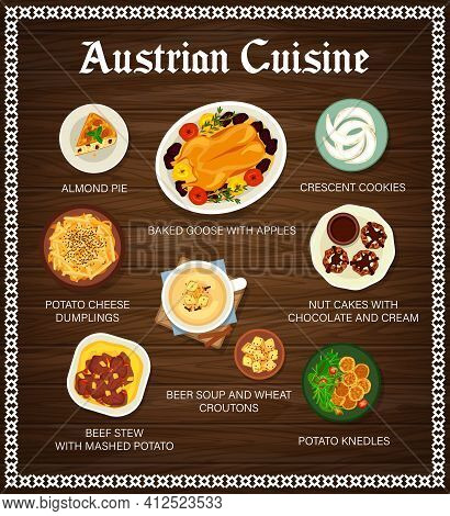 Austrian Cuisine Vector Menu Almond Pie, Baked Goose With Apples And Crescent Cookies, Potato Cheese