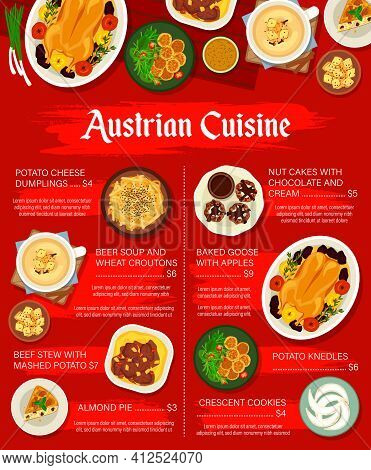 Austrian Cuisine Vector Menu Template Crescent Cookies, Potato Cheese Dumplings, Beef Stew With Mash