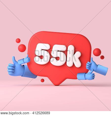 55 Thousand Followers Social Media Banner Thumbs Up. 3d Rendering