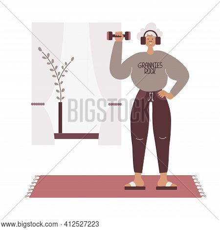 Old Woman Doing Sports In Headphones Illustration.