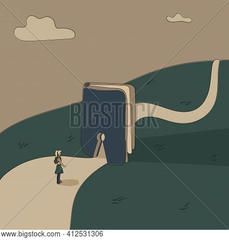 Concept: Book Is Source Of Knowledge.tiny Girl Stand On Wide Road In Front Keyhole Entrance In Book 