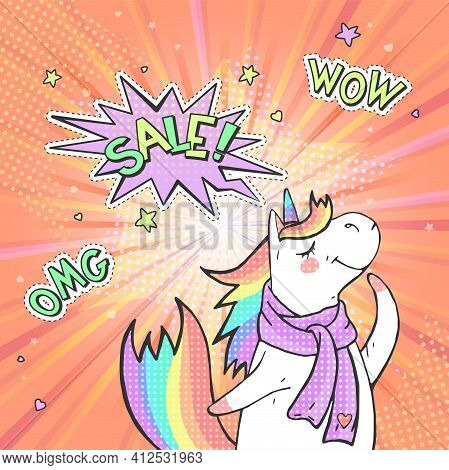 Advertising Pop Art Poster With Hand Drawn Magic Dreaming Unicorn In Retro Comic Style. Speech Bubbl