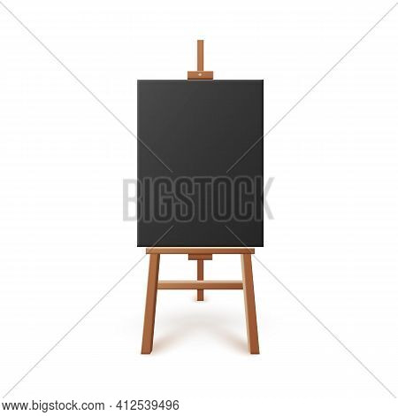 Easel With Vertical Black Blank Artboard, Realistic Vector Illustration Isolated.