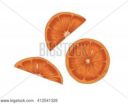 Pieces, Slices, Segments And Sections With Peel And Seeds Of Red Orange. Parts Of Dry Citrus Fruit. 