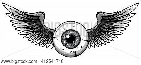 Monochromatic Vector Illustration Of Tattoo Flying Eyeball Design