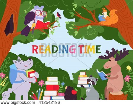 Animals Reading Background. Cartoon Animal Read, Cute Characters With Stacked Books. Mammal Learning