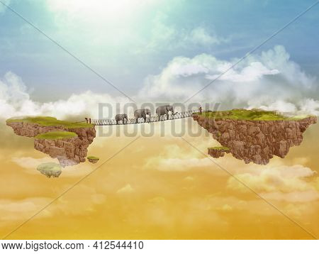 Three Elephants Follow One Another Across An Air Bridge In The Sky. 3d Illustration