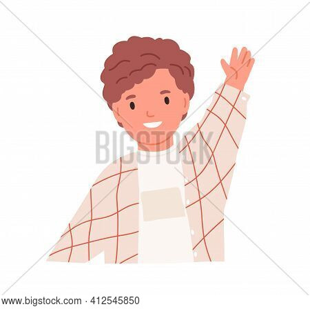 Happy Little Boy Waving With Hand, Gesturing Hi. Smiling Child Greeting Smb. Portrait Of Curly-haire