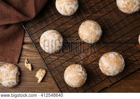 Tasty Homemade Gingerbread Cookies On Wooden Table, Flat Lay