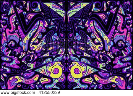 Psychedelic Colorful Surreal Doodle Pattern. Tribal Fantastic Abstract Mirror Tecture.