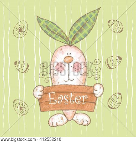 Holiday Card With A Cute Easter Bunny.