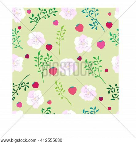 Seamless Pattern With Flowers, Strawberries And Branches. Pink Sakura. Stock Vector Illustration.