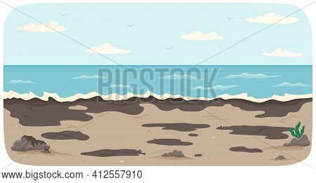 Oiled Coastline With Ocean And Waves. Seascape With Salty Water On Seashore Polluted By Oil