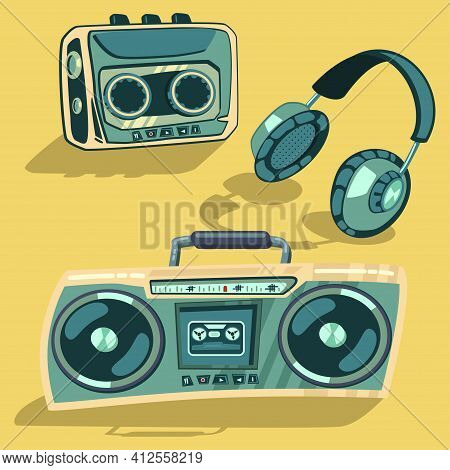 Musical Retro Elements 80's. Player, Radio And Cassette Stereo Recoder And Headphones Vector Illustr