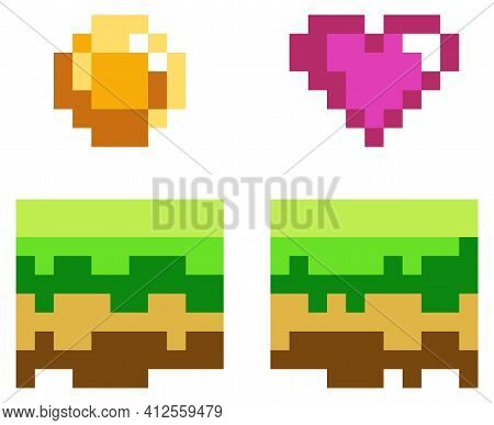 Pixel Art Style Coin And Heart For Retro Pixel-game. Shiner Golden Coin, Pixelated Awards Sketch