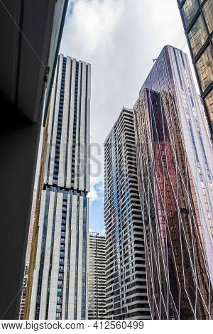 Melbourne, Australia - May 13, 2019: View Of Modern High-rise Buildings In Diminishing Perspective F