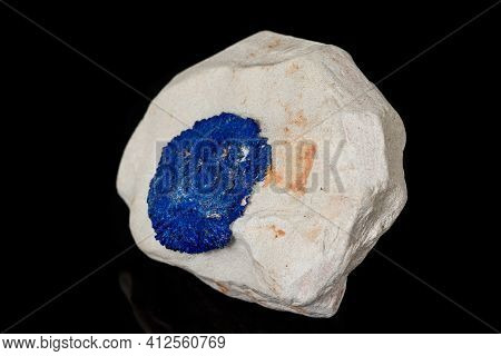 Macro Mineral Stone Azurite In Siltstone Against Black Background