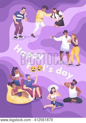 All Fools Day Card Flat Composition With Editable Text Surrounded By Doodle Characters Of Laughing P