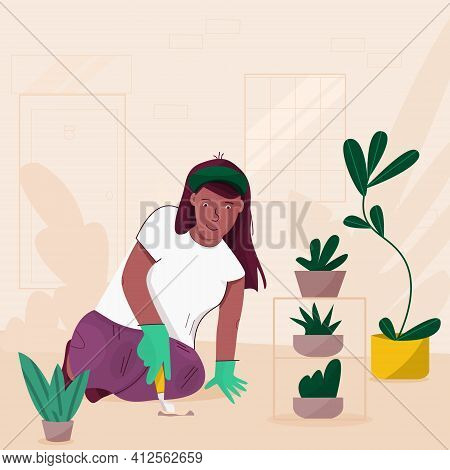 Woman Planting Gardens Flowers Cartoon Character. Flat Vector Illustration.